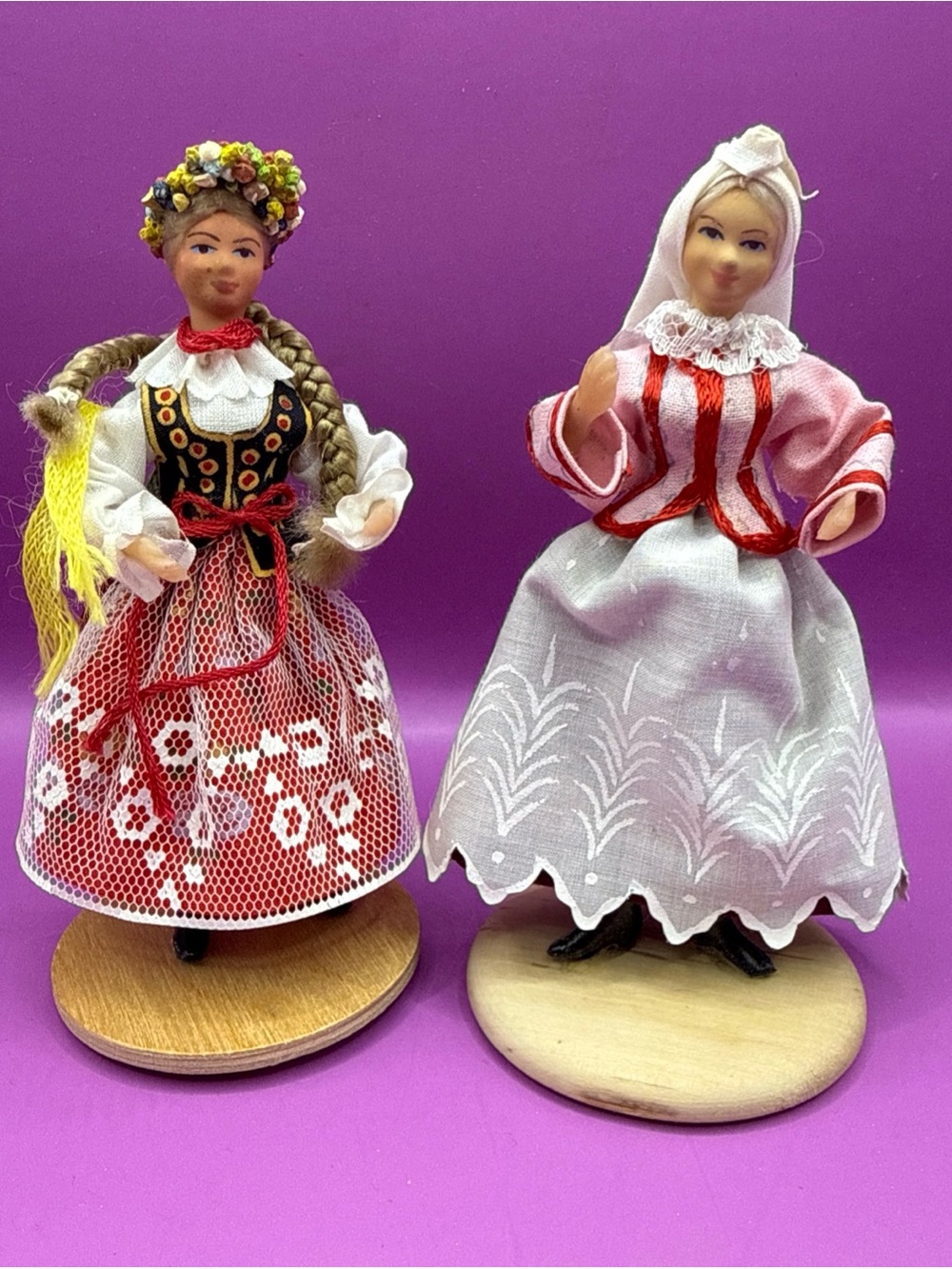 Set of 2 VINTAGE 1970s Handmade Lalki Regionalne Polish Peasant Dolls Pracy 5”